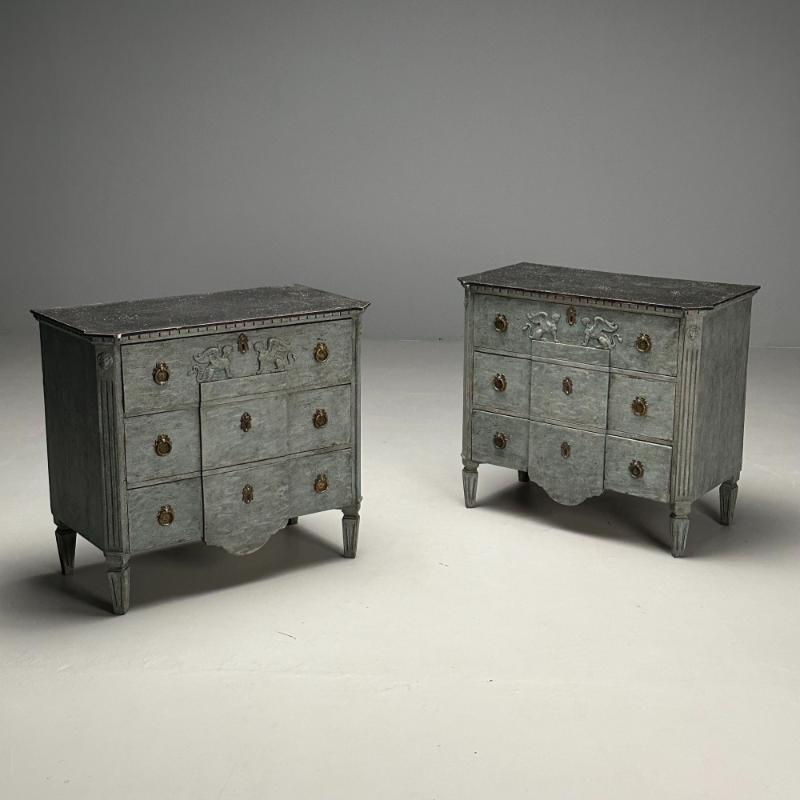 Gustavian, Swedish Commodes, Blue Paint Distressed, Brass, Sweden, 19th C.