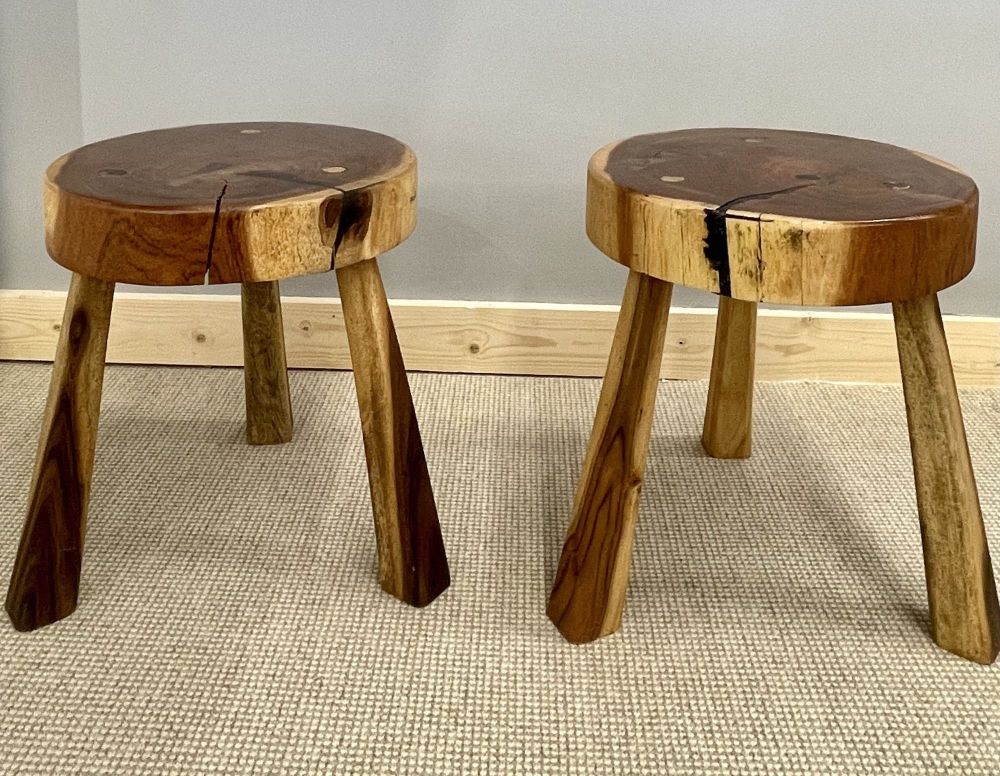 Pair Mid-Century Modern Nakashima Style Organic Wooden Two Stools / Side Tables