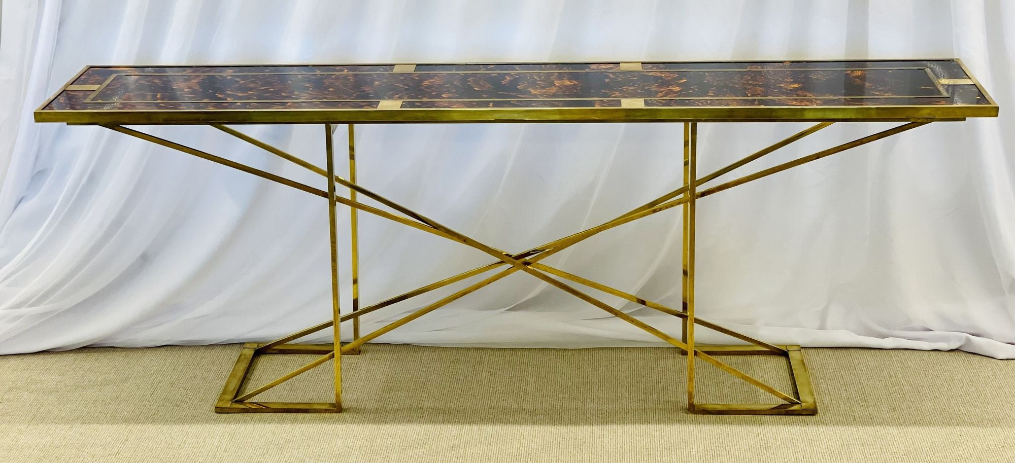 Romeo Rega Console Table, Faux Tortoise Top, Gilt Metal Base, Italy, 1970s