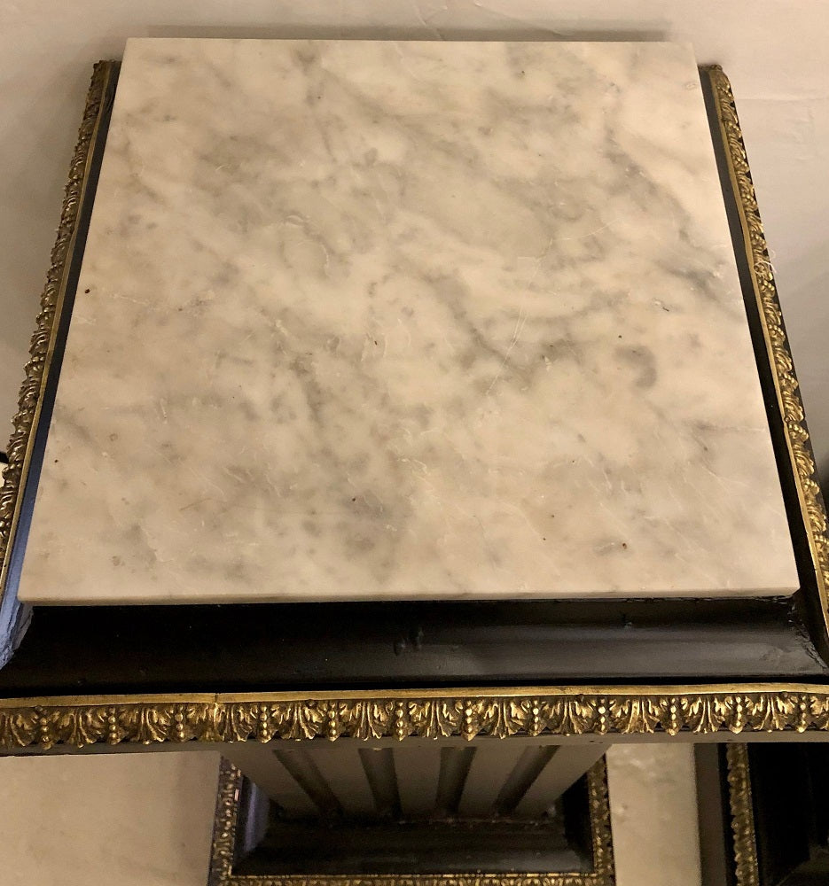 Hollywood Regency Neoclassical Ebony Pedestals, Bronze Mounted Marble Tops, Pair