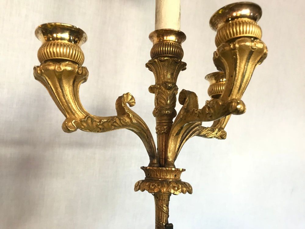 Empire Doré Bronze Candelabra Lamp Having a Patinated Woman Mounted as a Lamp