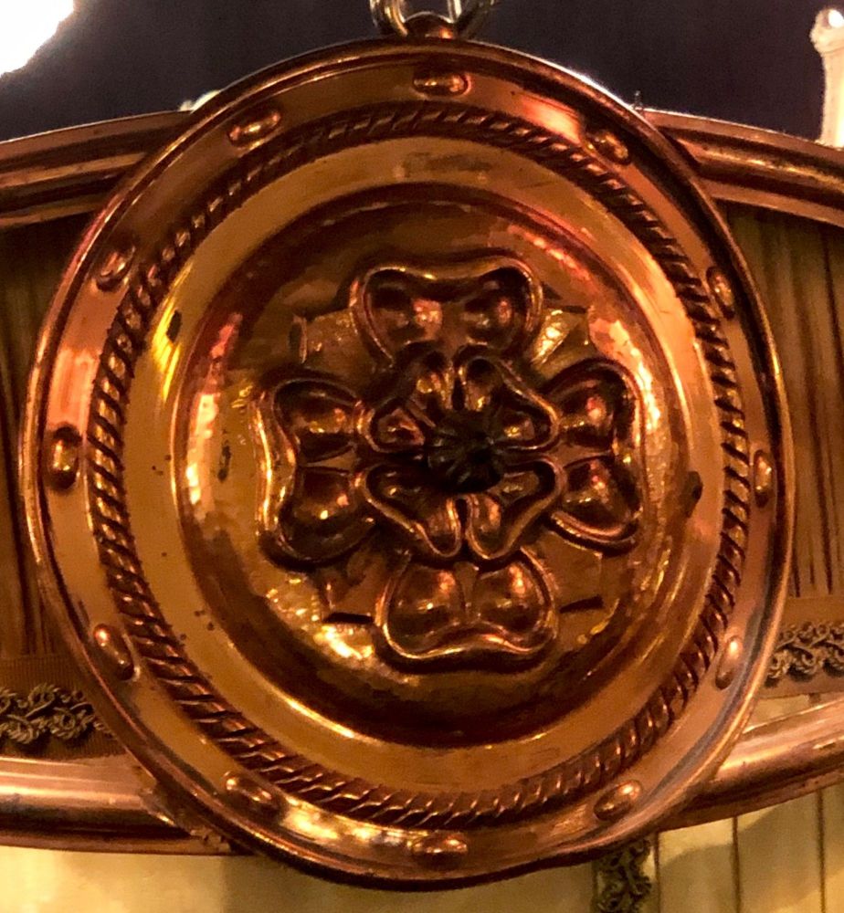 Palatial Light Fixture in Copper, Brass and Iron with Silk Dome Shade