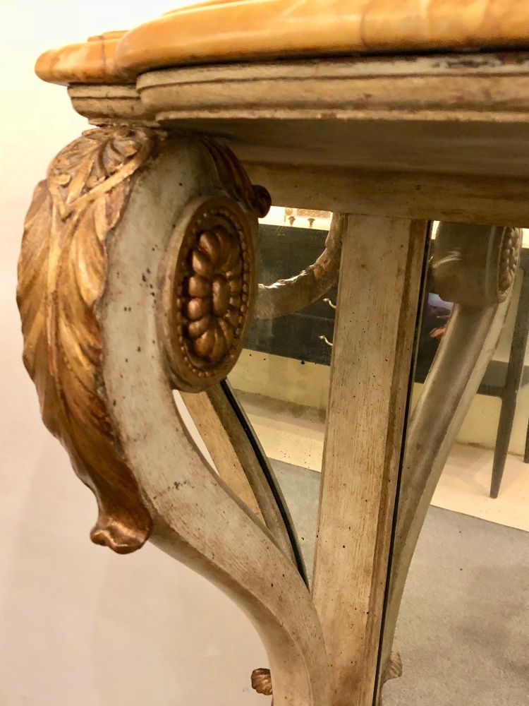 Neoclassical Style Marble-Top Bowed Table Mirrored Back Gilded Dolphin Accents