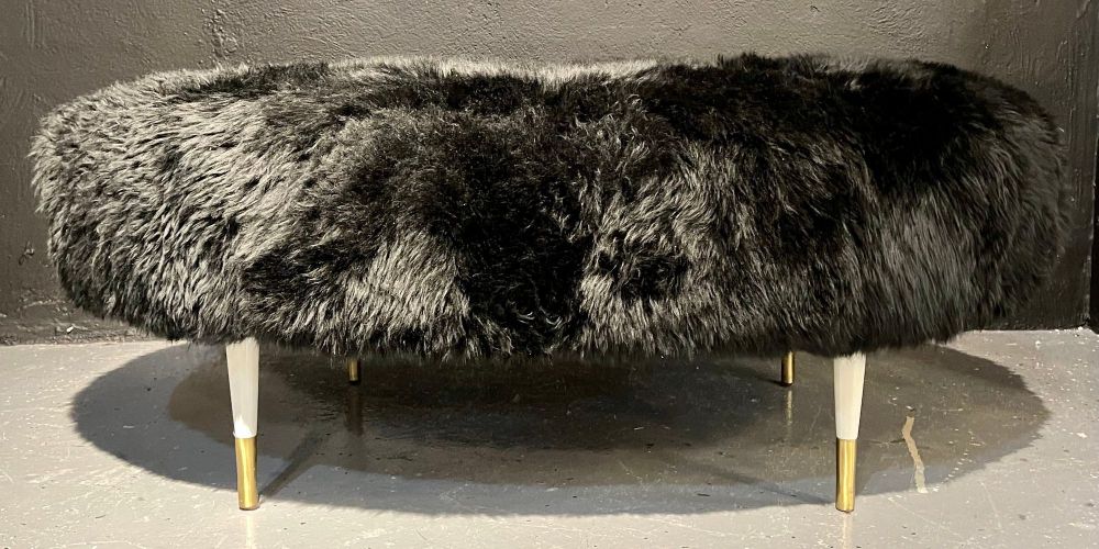 Mid-Century Modern Ottoman Having Bradley Hughes Sheepskin Upholstery