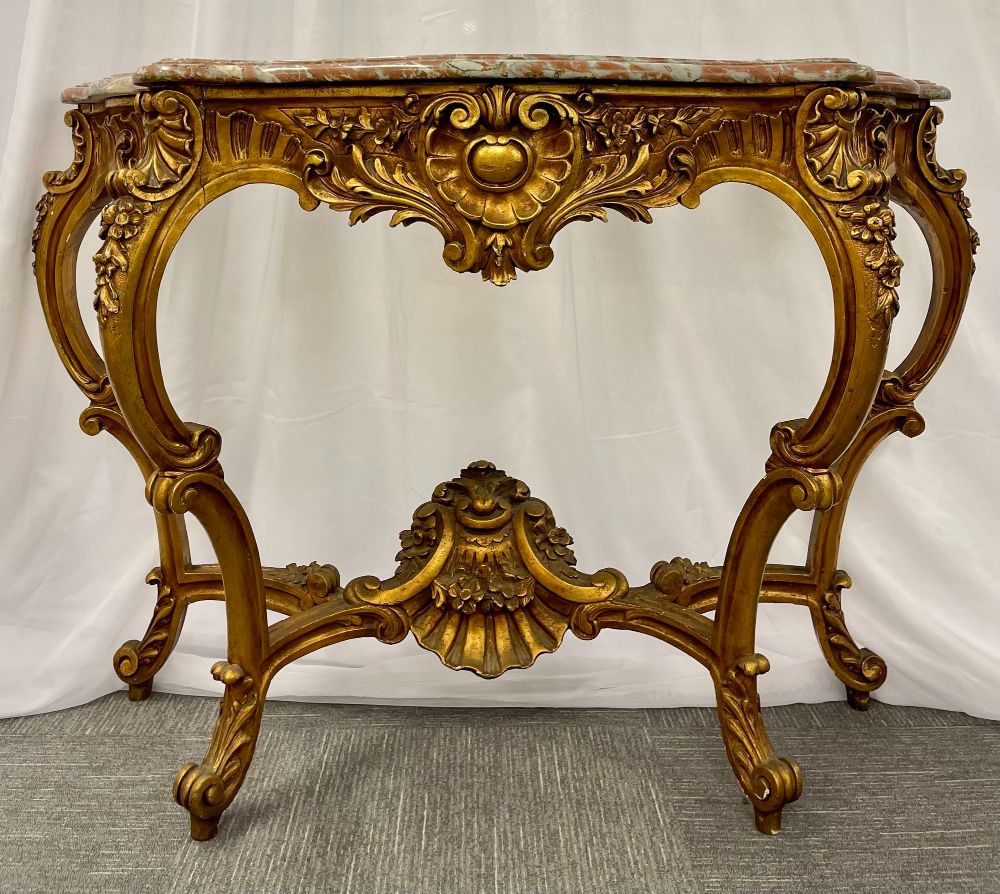 Marble-Top Louis XV Style Console Table by Jansen Exquisite Carved Details 1920s