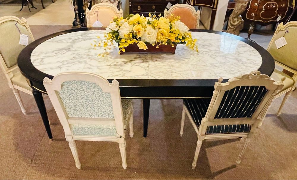 Hollywood Regency Jansen Style Ebony Center Dining Table Marble Top French