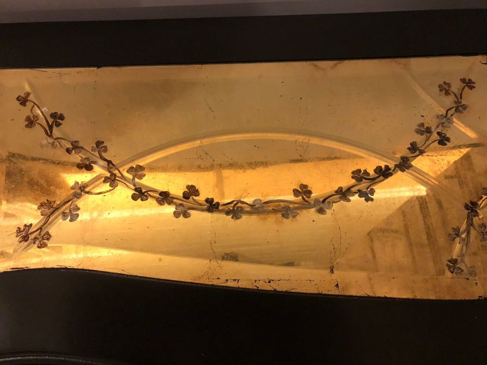 Ebony and Parcel-Gilt Decorated Console / Sofa Table with Fine Beveled Glass Top