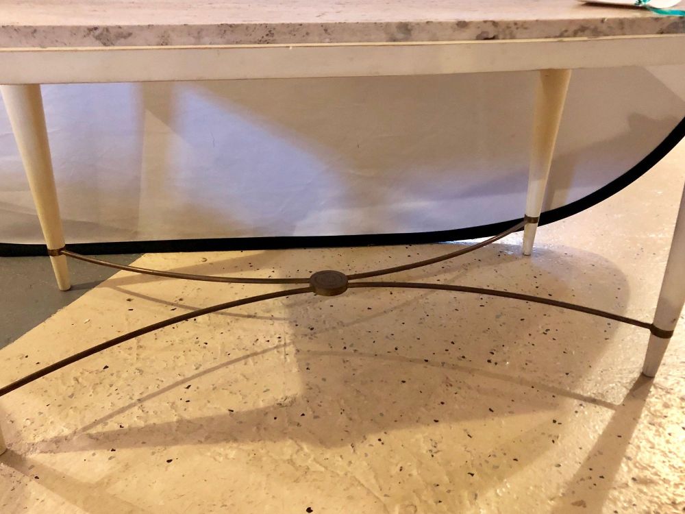 Mid-Century Modern Coffee Table Inset Travertine Marble-Top and Brass Stretcher
