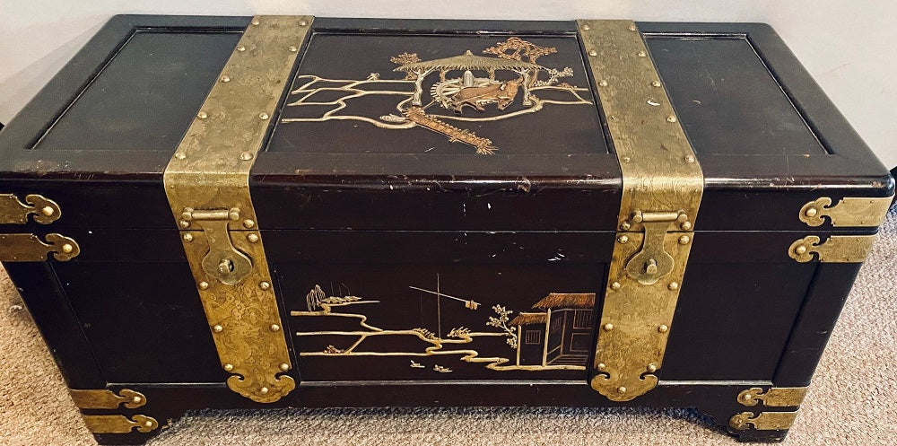 1920s Asian Dowry, Blanket or Storage Chest, Bronze Decorated J. L. George