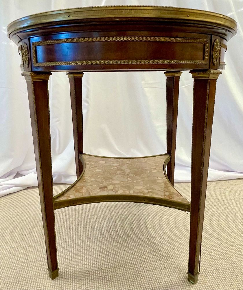 French Mahogany Louis XVI Style Marble Top Bouillotte Table, Bronze Mounted
