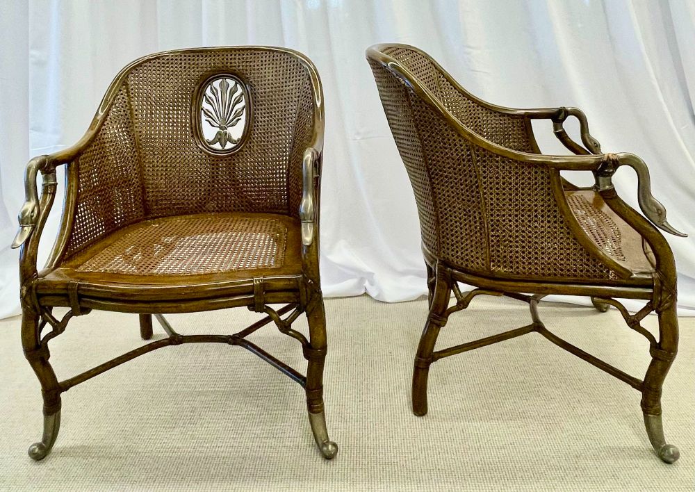 Pair of French Bergère Swan Arm, Lounge Chairs, Silver Metal, Cane, Tortoise