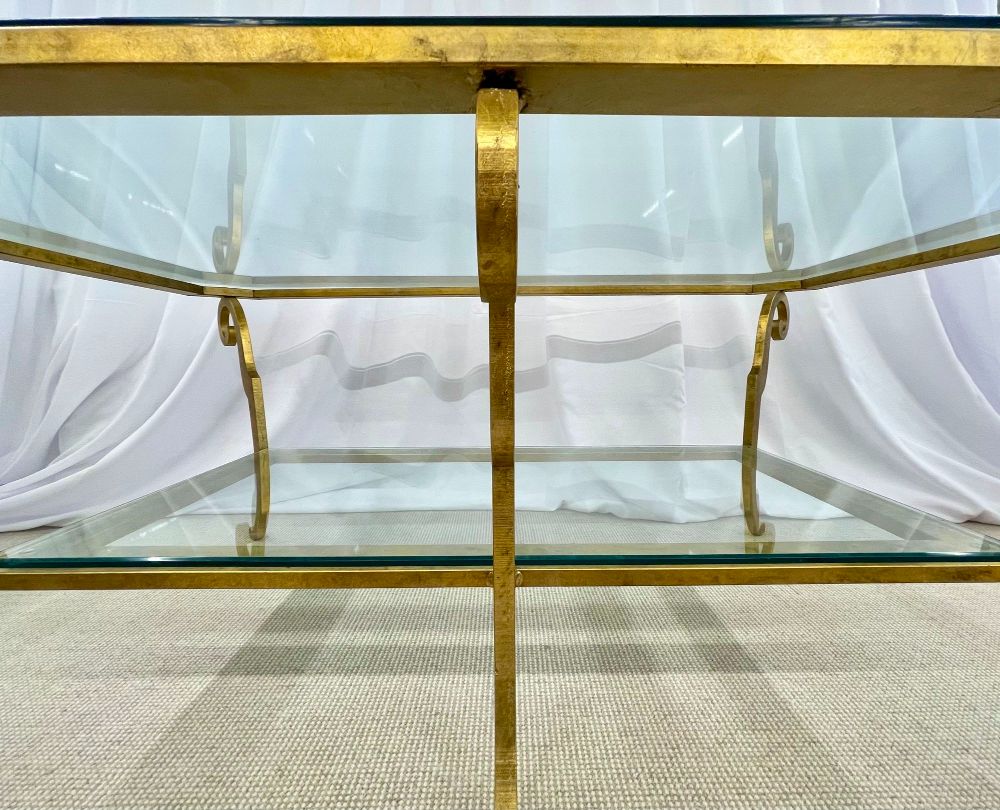 Neoclassical Style Large Gilt Metal Frame Coffee Table, Glass Top, French