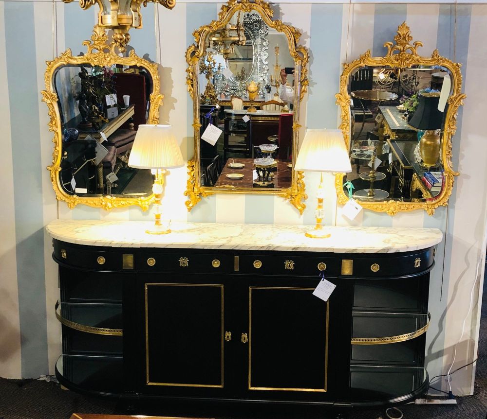 Jansen Hollywood Regency Sideboard, Console, Ebony w Marble Top and Bronze Deco