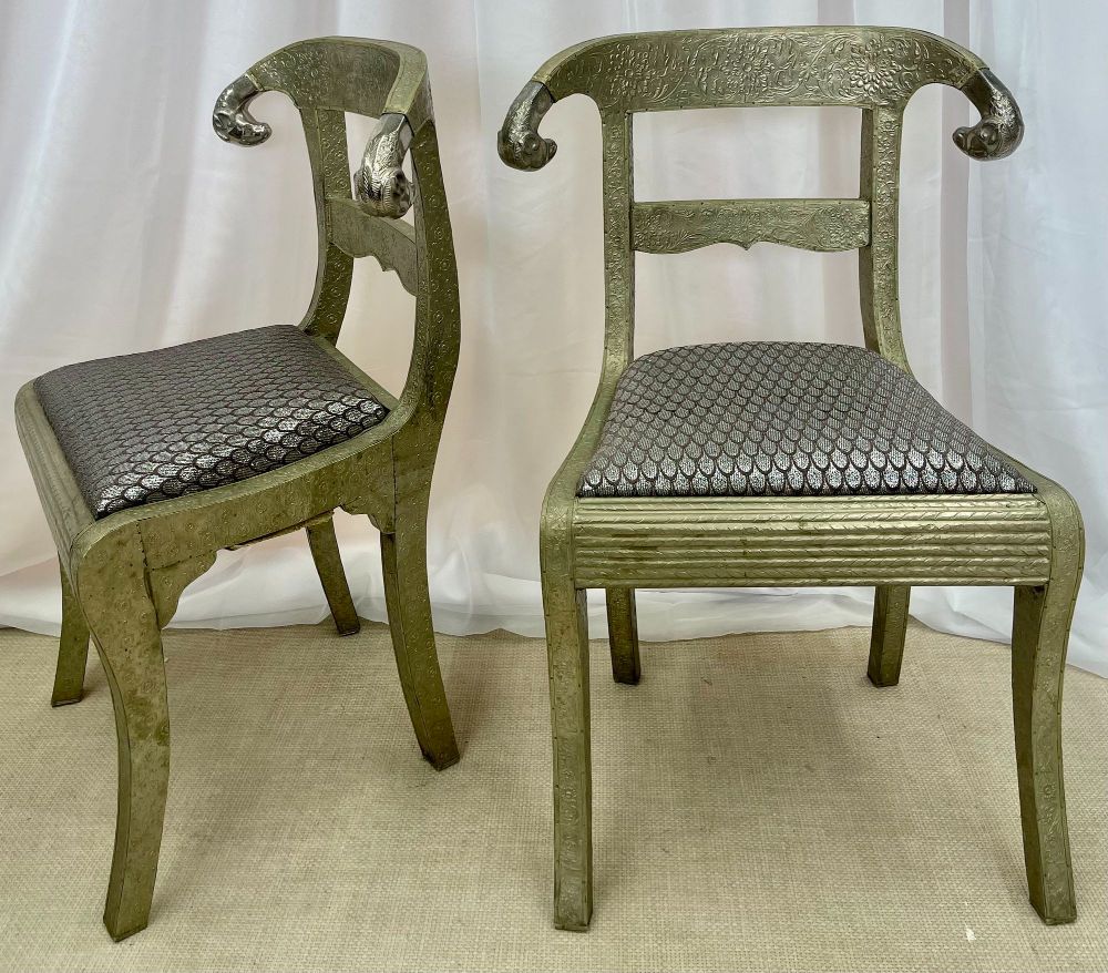 Pair of Neoclassical Side Chairs, Wrapped Metal, Rams Heads, Europe Gustavian