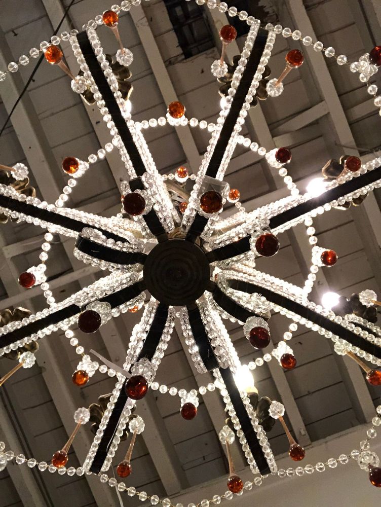 Eight Light Beaded Chandelier with Colored Tear Drop Prisms, circa 1960