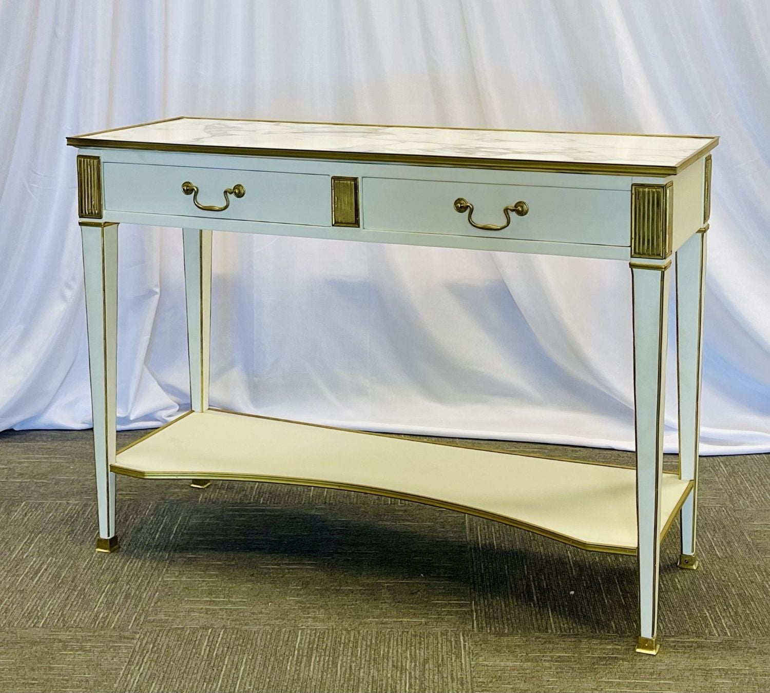 Pair of Hollywood Regency Neoclassical White Sofa, Console Tables, Maison Jansen