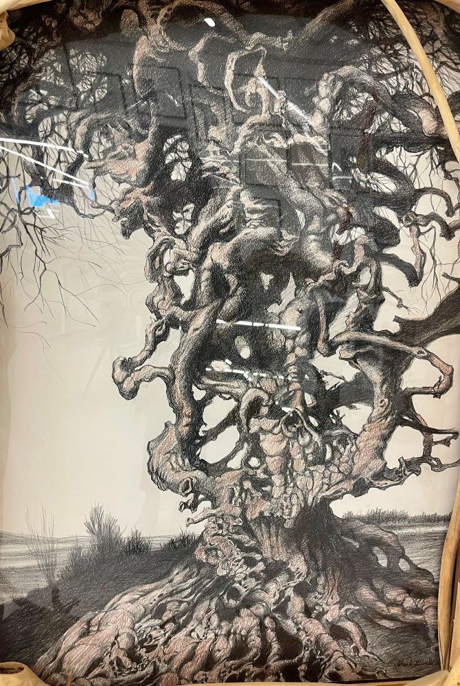 Eccentric Art Nouveau Rustic Frame with a Signed Paul Gorka Print