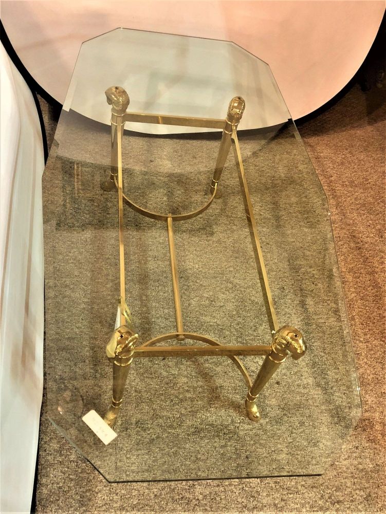 Manner of Jansen Octagon Glass Coffee Table Heavy Brass Ram Head