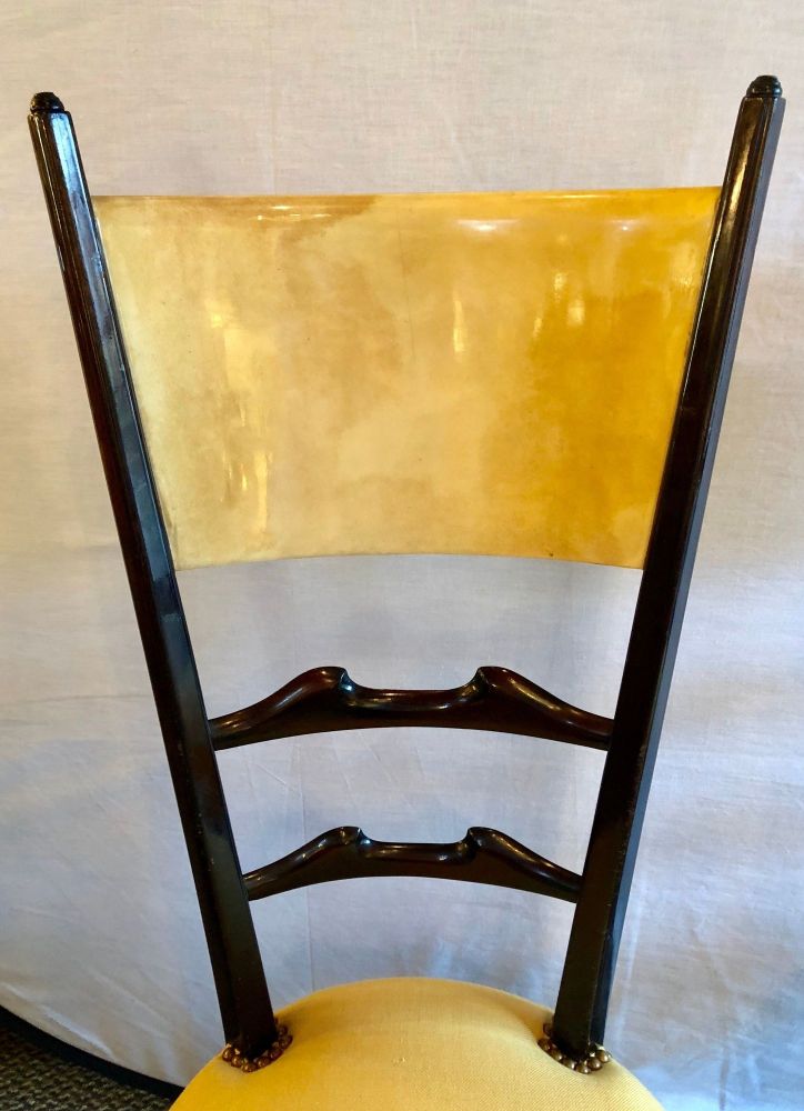 Set of Six Italian Aldo Tura Side Dining Chairs in Goatskin and Parchment