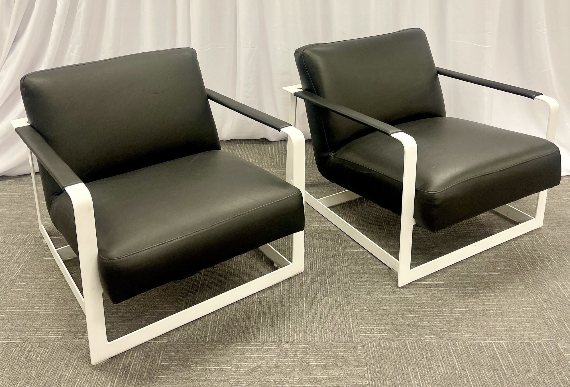 Pair of Mid-Century Modern Lounge Chairs, Leather, Steel Base, American, 1980s