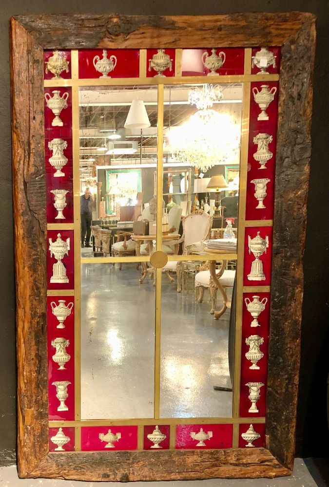 Rustic Italian Wall Mirror with Reverse Painted Classical Vases and Urns