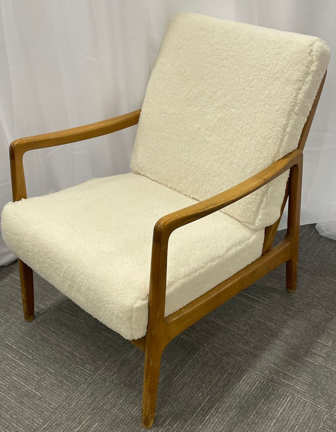 France and Daverkosen Teak Armchairs, Mid-Century Modern in Sherpa Style Fabric
