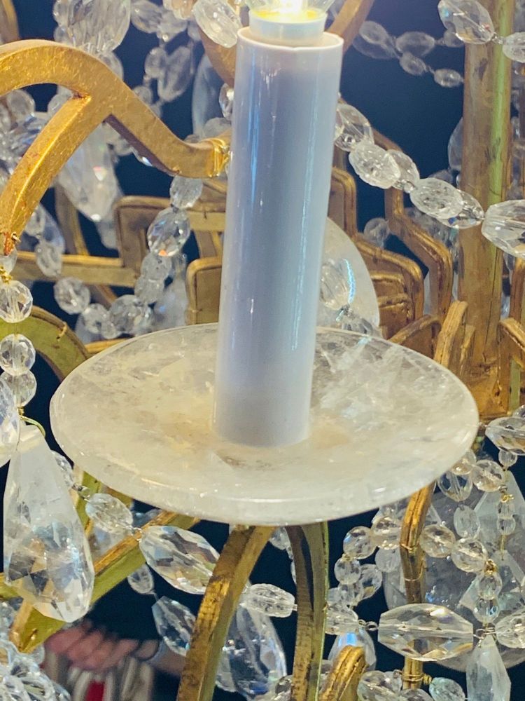 12 Light Gilt Metal Rock Crystal Chandelier. Hollywood Regency in Style