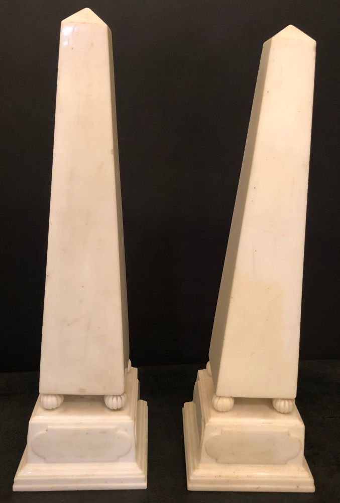 Pair of Large Antique 19th-20th Century Solid Marble Obelisks on Pedestals