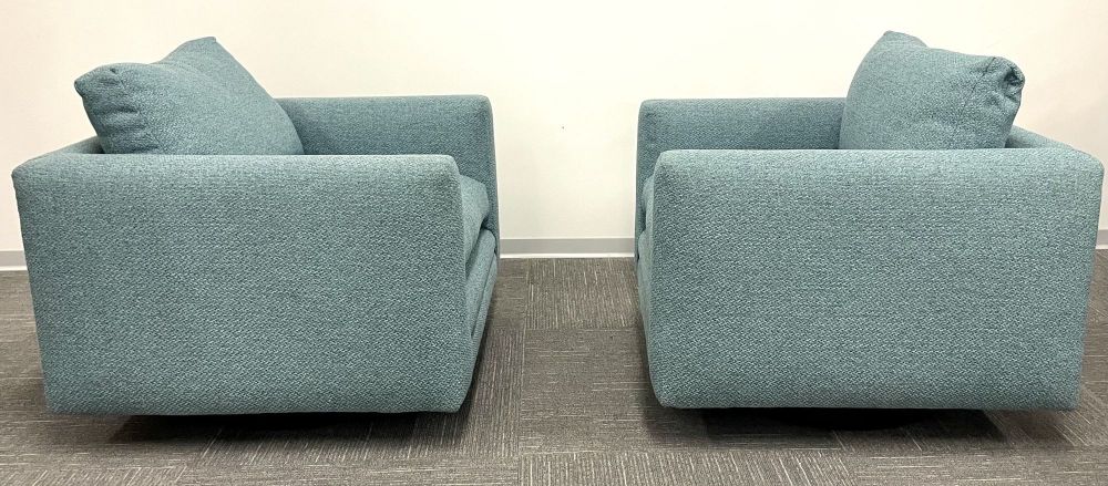 Pair Teal Milo Baughman Style Mid Century Modern Lounge Chairs, Swivel, Square