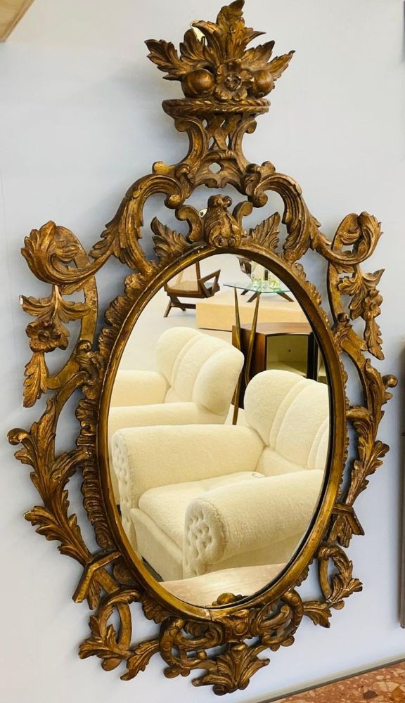 Single Giltwood Italian Floral Motif Mirror, Wall / Console / Pier, Italy, 1960s