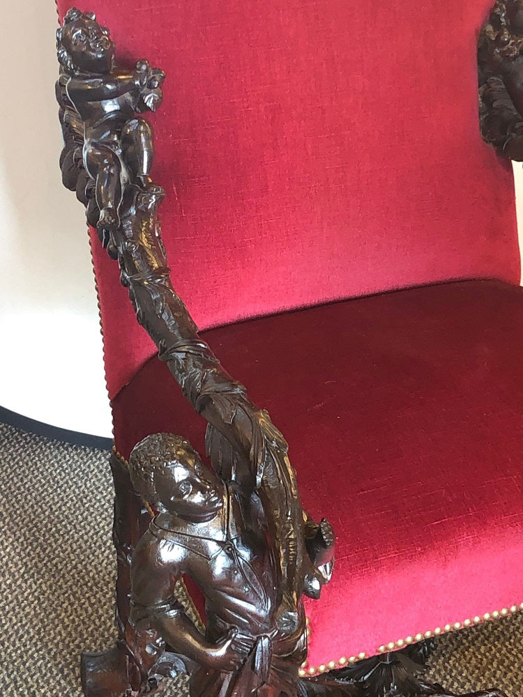 Pair of Italian 19th Century Baroque Carved Arm Throne Chairs, Figural Carvings
