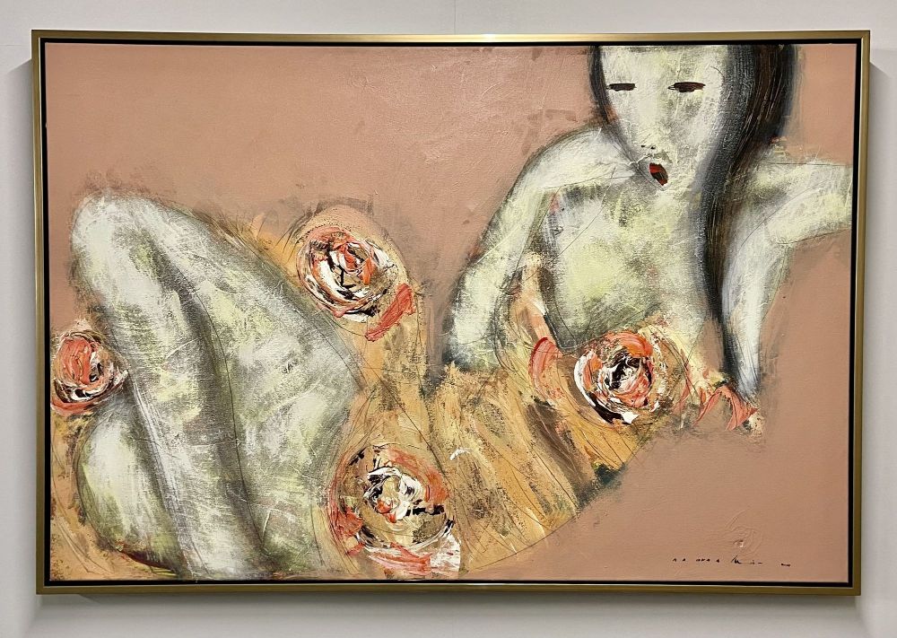 Mid-Century Modern Figurative Painting, Oriental, One of a Pair, Signed