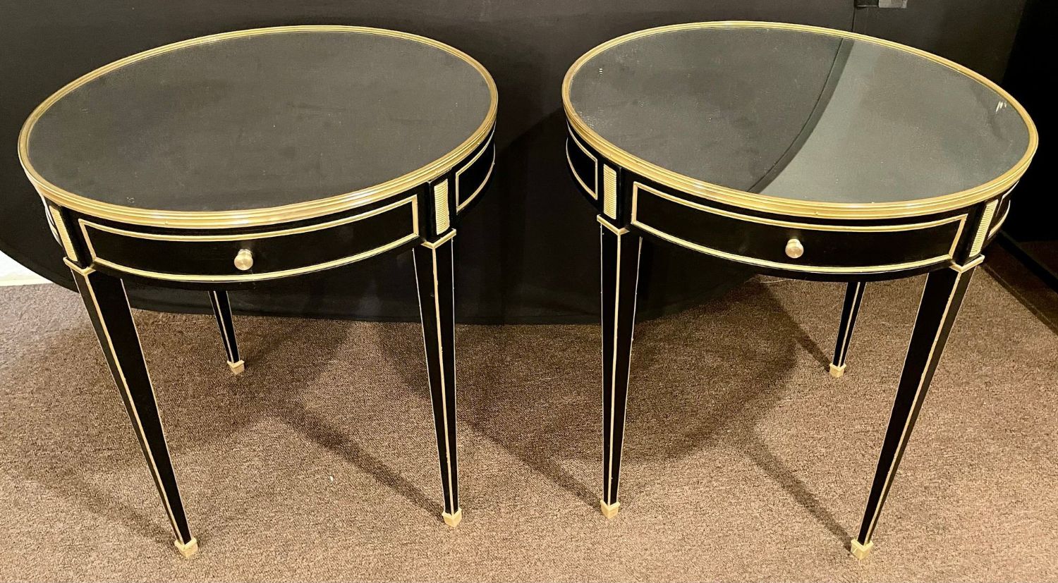 Hollywood Regency Ebony Bouillotte or End Tables, Manner Jansen Mirror Tops Pair