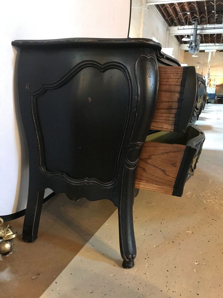 Black Distressed Bombe Commode with Bronze Mounts and Pull-Out Tray Top