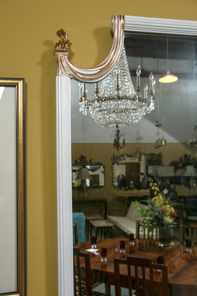 Hollywood Regency White Lacquered Giltwood Wall Console Mirror Paint Decorated