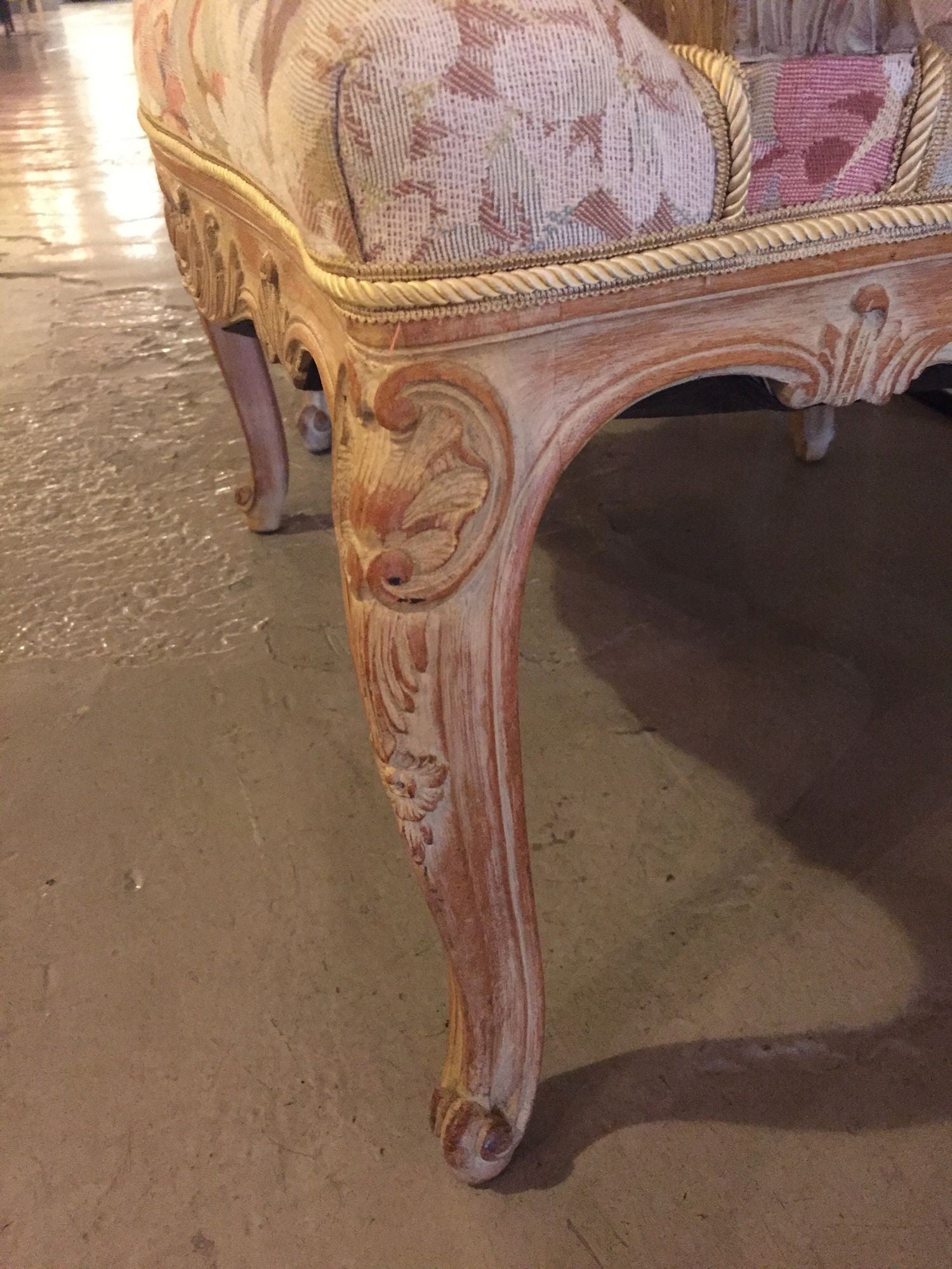 Pair of Distressed Finely Carved Louis XV Style Fauteuils Manner Jansen