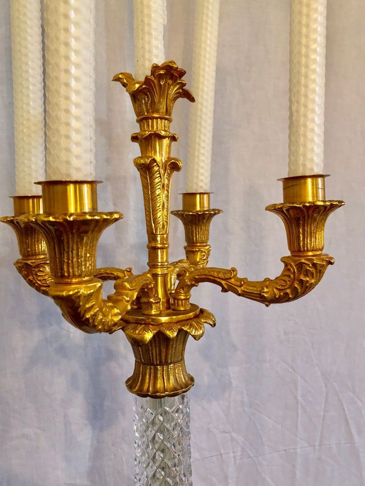 Pair of Baguès Style Cut Crystal and Gilt Brass Table Candelabras or Lamps