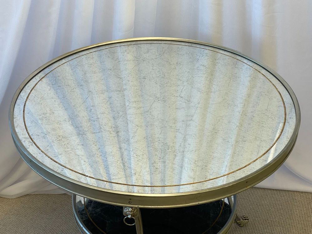 Hollywood Regency Style Mirrored Gueridon, Center Table, Silver Gilt, Lion Heads