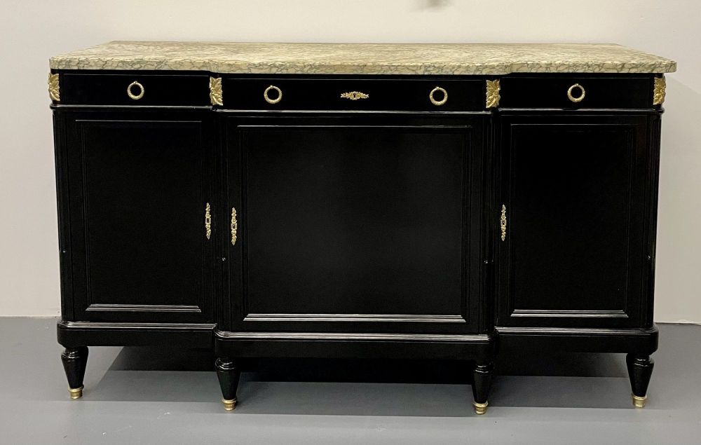 Ebony Hollywood Regency Louis XVI Style Bronze Mounted Sideboard, Marble Top
