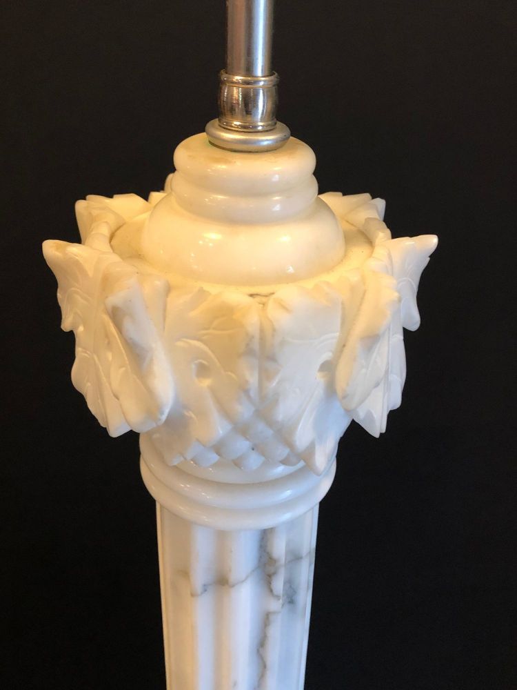 Pair of White and Grey Veined Column Marble Table Lamps with Custom Shades