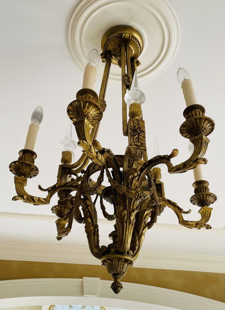 Louis XVI 19th Century Dore Bronze Chandelier, Six Light, Estate Item