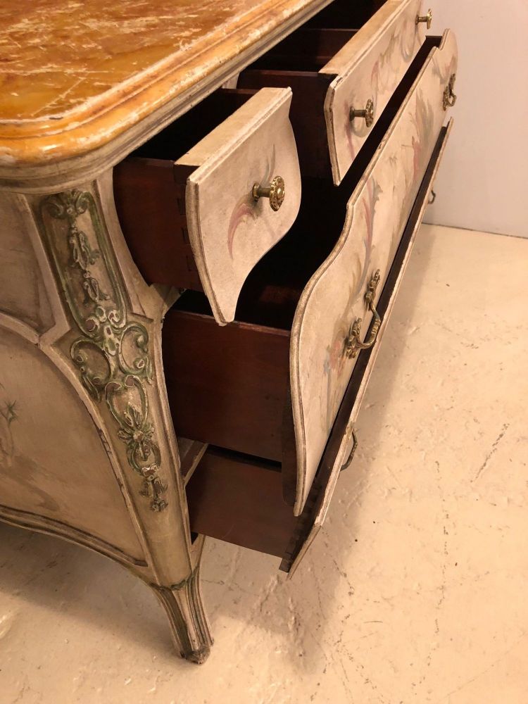 Venetian Scenic Bombe Chinoiserie Painted Commode with a Faux Marble Top