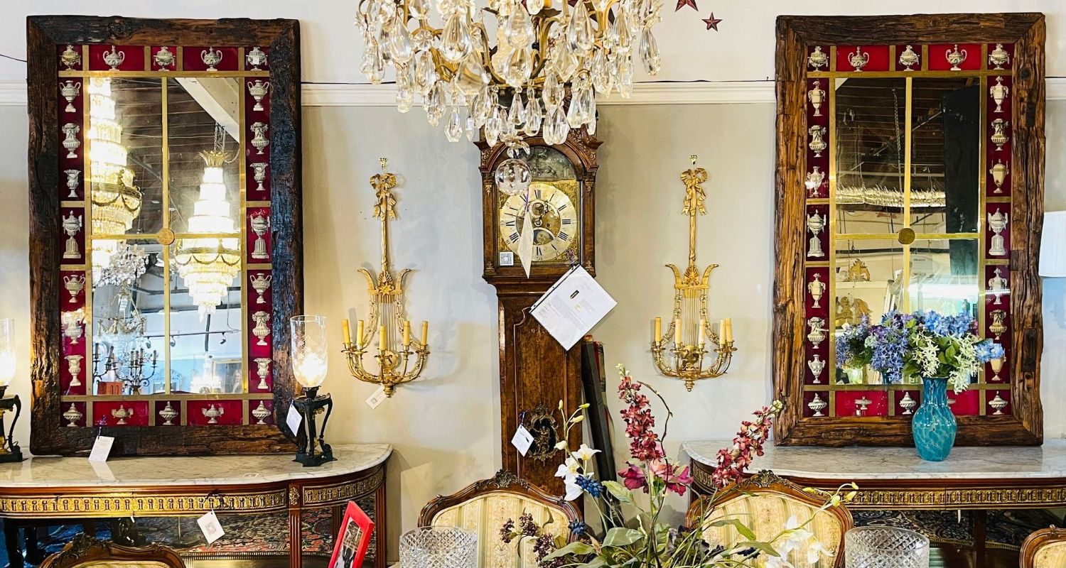 Rustic Italian Wall Mirror with Reverse Painted Classical Vases and Urns