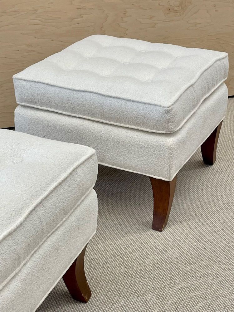 Mid-Century Modern American Designer Tufted Ottomans, Stools, Walnut, Bouclé