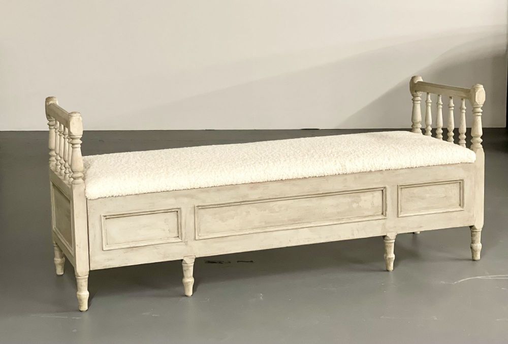 Gustavian Paint Decorated Storage Bench, New Wool Shearling, Sweden, 19th C.