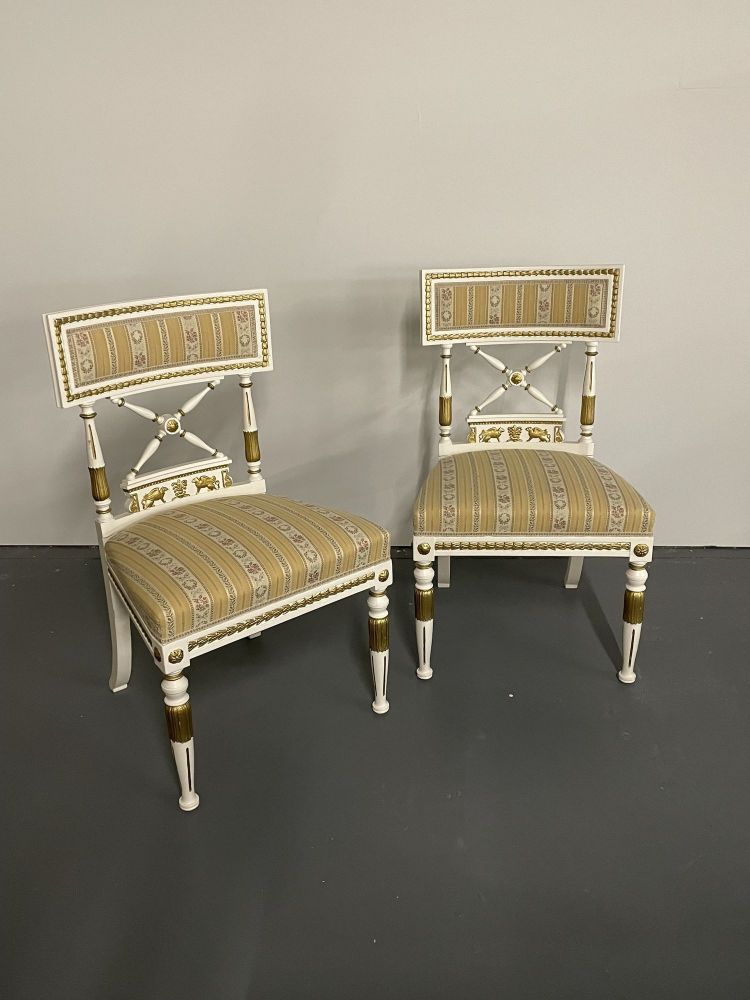 Set of 4 Neoclassical Gustavian Style Chairs, Parcel Gilt and Painted, Sphinx Carved