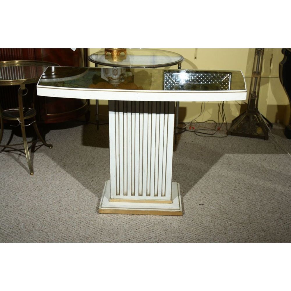 Pair Maison Jansen Painted and Eglomise Emerald Green Glass Top Console Tables