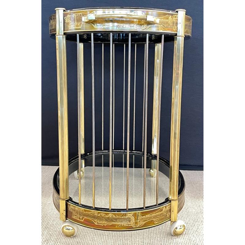 Mastercraft, Mid-Century Modern, Rolling Bar Cart, Etched Brass, Lacquer, 1960s