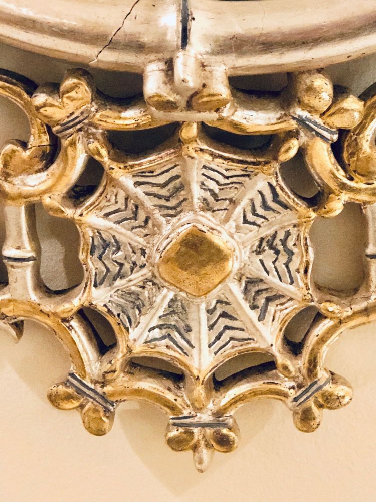 Silver and Gold Leaf Decorator Wall Mirror Having a Web Design and Dancing Bear