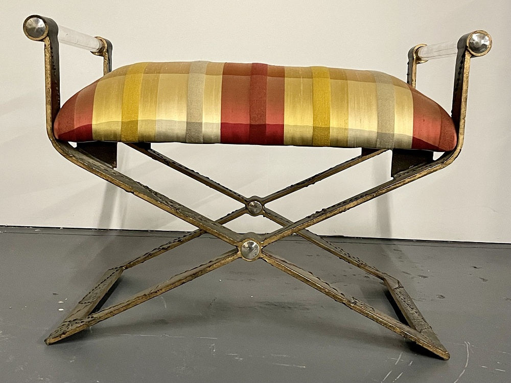 Mid Century Modern Paul Evan Style X Bench, Lucite Armrest, Chrome Accents